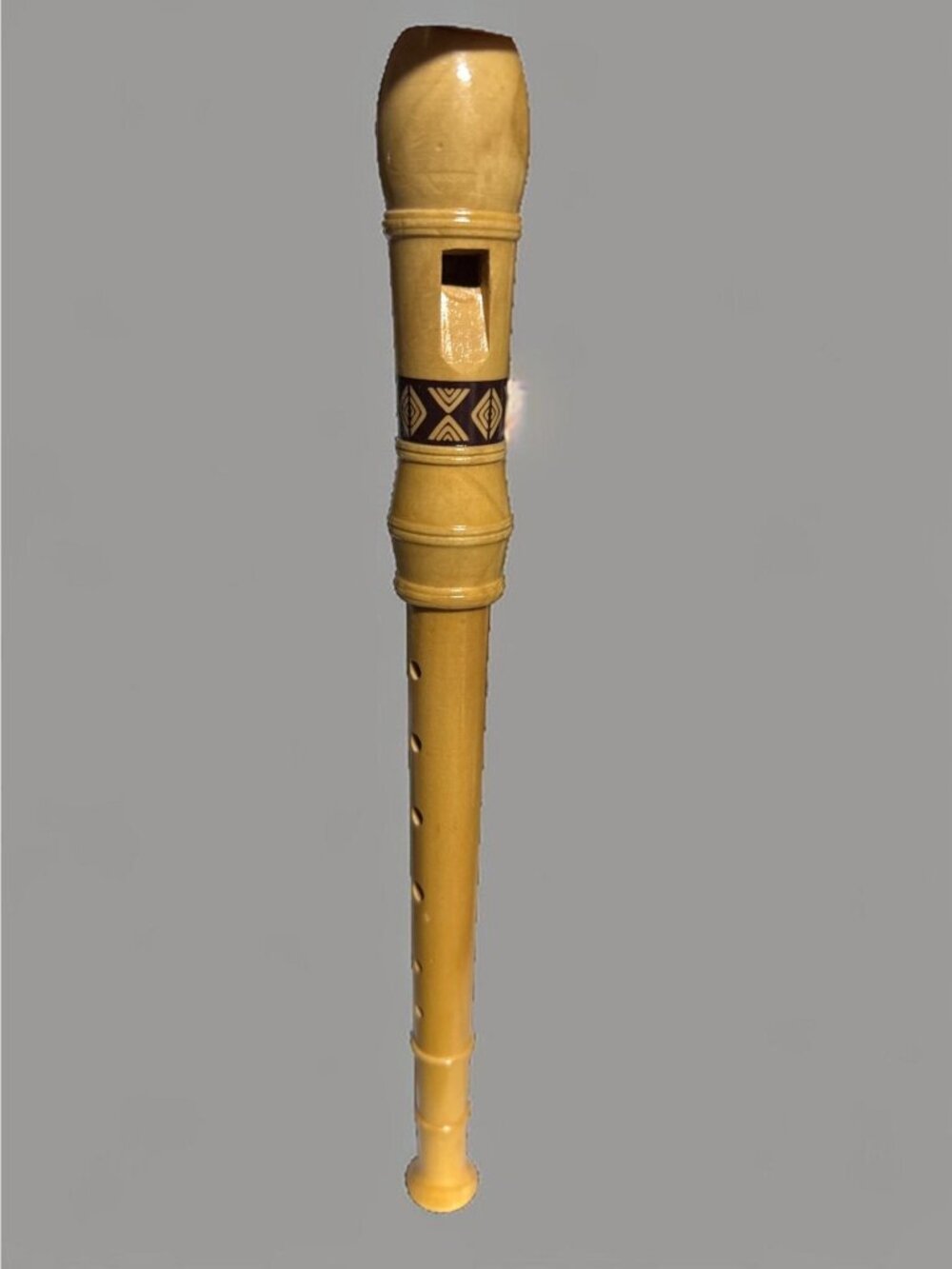 Vintage Wooden Recorder Flute With Decorative Band Beige Musical Instrument